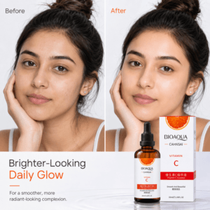 Before-and-after style skincare illustration with BIOAQUA Vitamin C serum