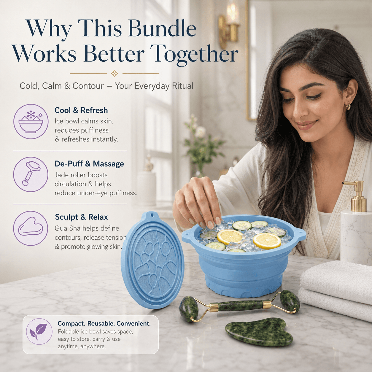 Jade Roller, Gua Sha and Foldable Ice Bowl Skincare Set 3 Jade Roller & Gua Sha Set included parts and details