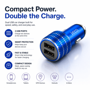 Dual USB car charger features including two ports and compact design
