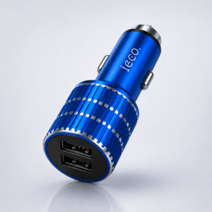 Close-up of dual USB car charger showing two charging ports