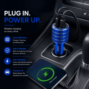 Dual USB car charger connected to a car lighter socket and charging two devices