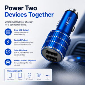 Dual USB car charger for powering two compatible devices during travel
