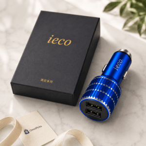 Dual USB car charger for a standard car lighter socket with two charging ports