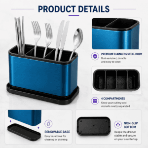 Four-compartment stainless steel cutlery drainer with removable base