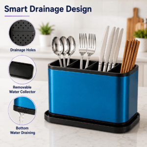 Cutlery drainer showing drainage holes and removable water collector