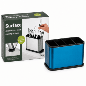 Stainless steel cutlery drainer displayed beside its retail box