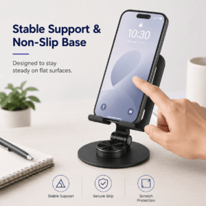Phone stand supporting a smartphone on its non-slip base