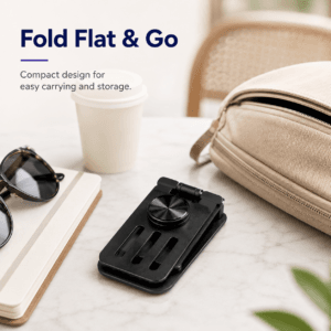 Adjustable phone stand folded flat beside a travel pouch