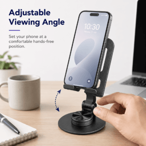 Adjustable phone stand tilted for a comfortable viewing angle