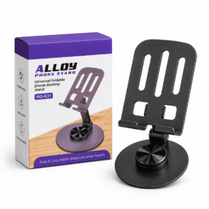 Foldable alloy phone stand displayed with its retail box
