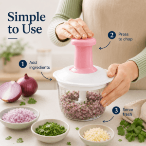 Manual push chopper being used to prepare finely chopped onion