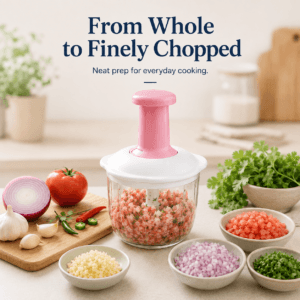 Push chopper beside bowls of finely chopped cooking ingredients