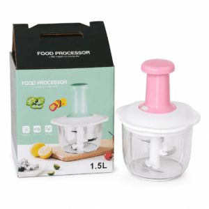Manual food processor with clear bowl displayed beside its box
