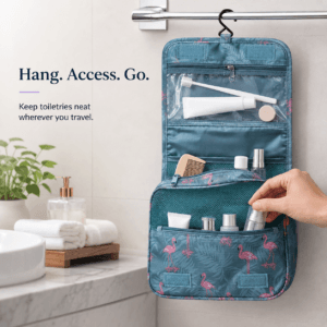 Hanging toiletry pouch organised with bathroom essentials