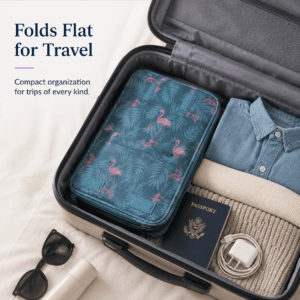 Folded travel toiletry pouch packed inside a suitcase