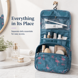 Open toiletry pouch separating dental, skincare and makeup items