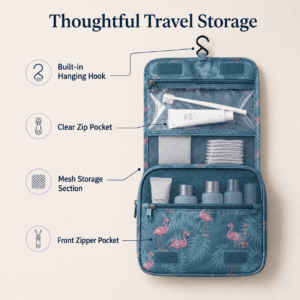 Open hanging toiletry pouch with labelled storage compartments