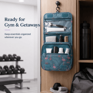 Hanging toiletry organiser holding gym and travel essentials