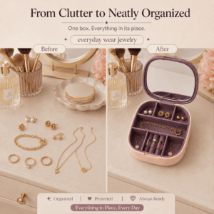 Portable jewellery box opened to show divided storage