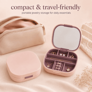 Closed compact jewellery box ready for travel