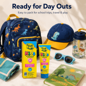 SPF 35+ kids sunblock packaging with UVA and UVB label