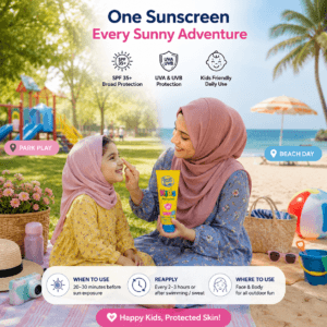 Kids sunscreen tube beside sun hat and sunglasses