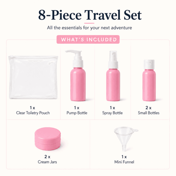 Medium Travel Bottle Set with Refillable Containers and Pouch 3 Travel Bottle Set features and use