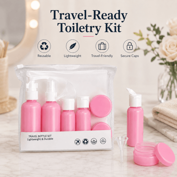 Medium Travel Bottle Set with Refillable Containers and Pouch 4 Travel Bottle Set included parts and details
