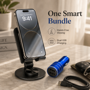 Foldable phone stand with smartphone beside dual USB car charger