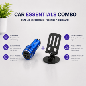 Dual USB car charger and foldable phone stand feature overview