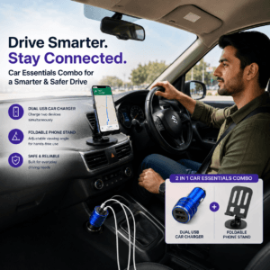 Phone holder and dual USB charger in use inside a car