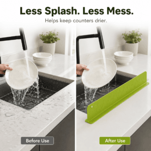 Sink splash guard showing a dry countertop while washing dishes
