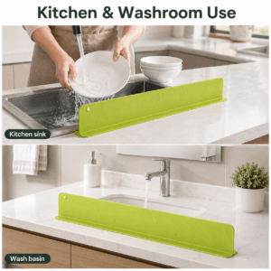 Sink splash guard fitted behind a kitchen faucet and basin