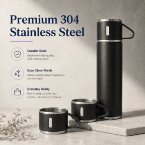 Stainless steel vacuum flask with two matching drinking cups