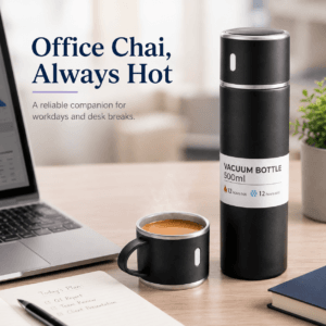 Vacuum flask and cup beside a laptop for office chai
