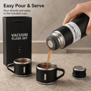 Vacuum flask pouring a hot drink into the included cup
