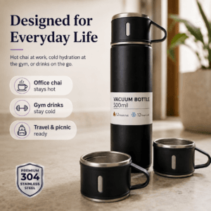 Vacuum flask and cups arranged for office, gym and travel use