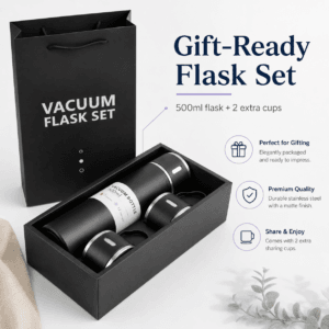 Vacuum flask gift set displayed in presentation box and bag
