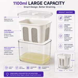 Greek yogurt strainer 1100ml with fine mesh basket and whey collection container