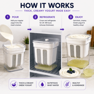 How to use a Greek yogurt strainer by adding yogurt refrigerating and serving
