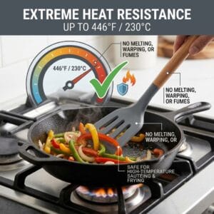 silicone slotted spatula cooking vegetables in a frying pan