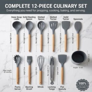 complete silicone utensil set with ladles, spatulas, whisk, tongs and holder