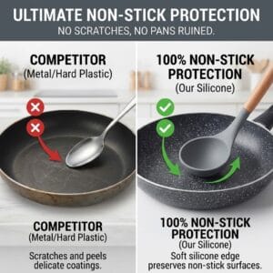 silicone ladle protecting a non-stick cookware surface