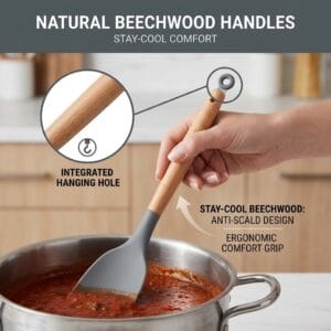 silicone spatula with wooden handle and hanging hole stirring sauce