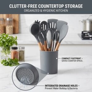 silicone cooking utensils stored upright in a draining countertop holder