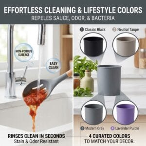 silicone cooking utensil rinsed under a tap beside countertop holder options