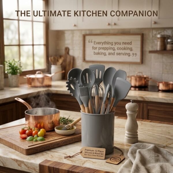 12-piece silicone cooking utensil set with wooden handles in countertop holder