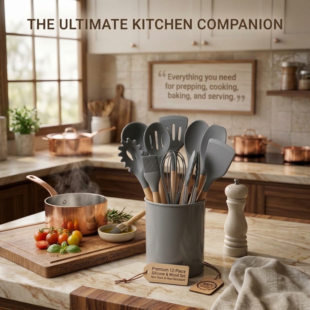 12-piece silicone cooking utensil set with wooden handles and holder
