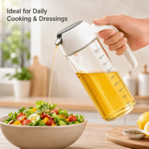 Kitchen oil bottle held by its easy-grip handle