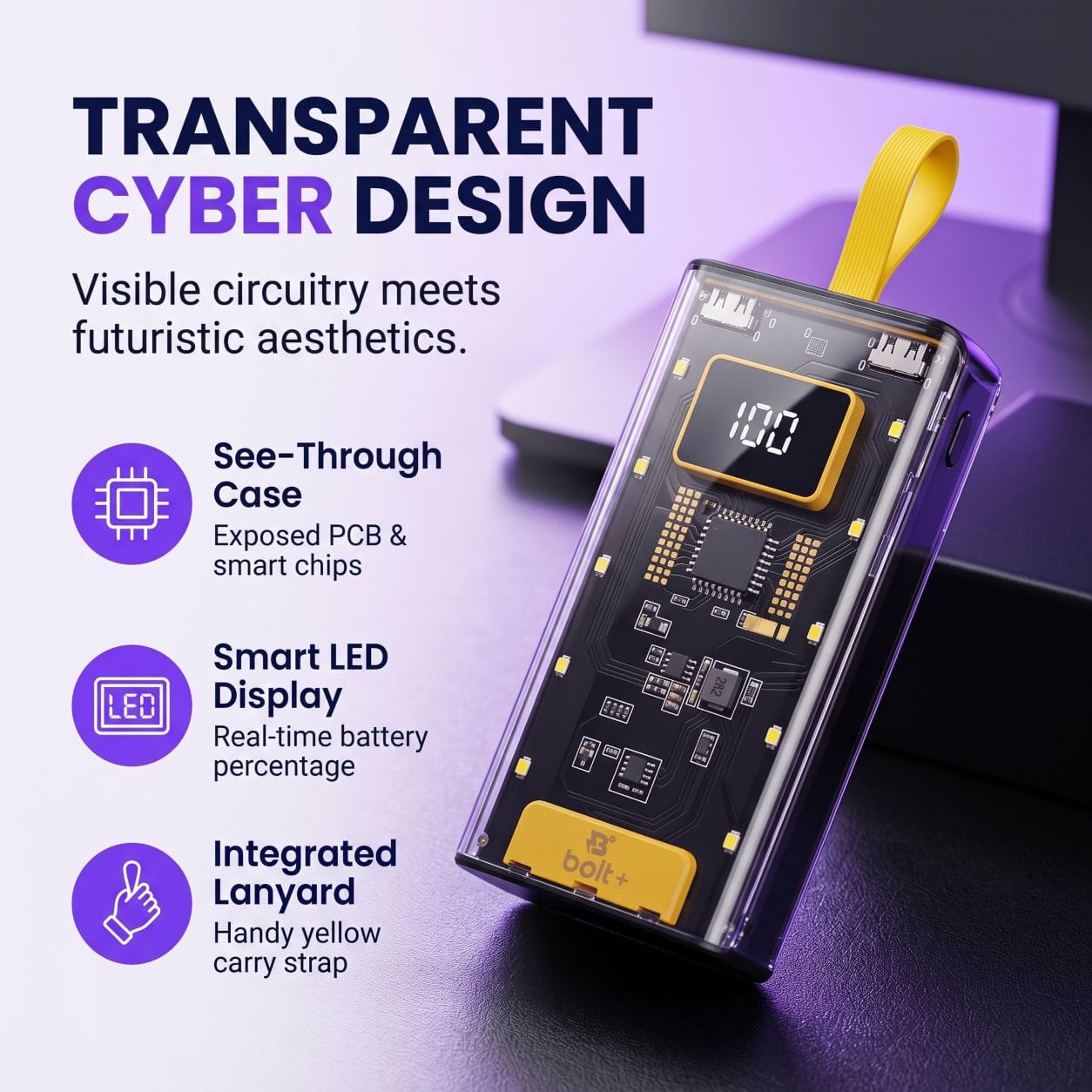 20000mAh transparent power bank with battery display and carry strap